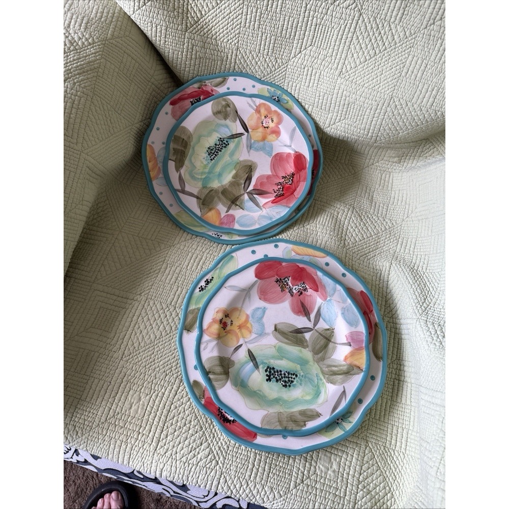 The Pioneer Woman Turquoise Floral Vintage Bloom Set 4, 2-dinner 2-salad Plates